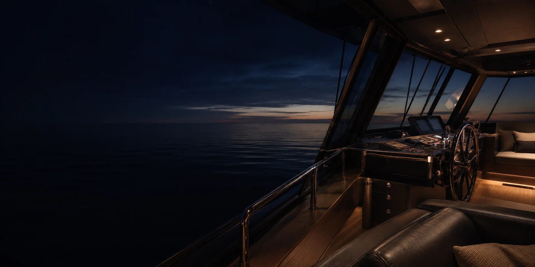 The helm of a motor yacht at dusk, instruments lit, open water ahead.
